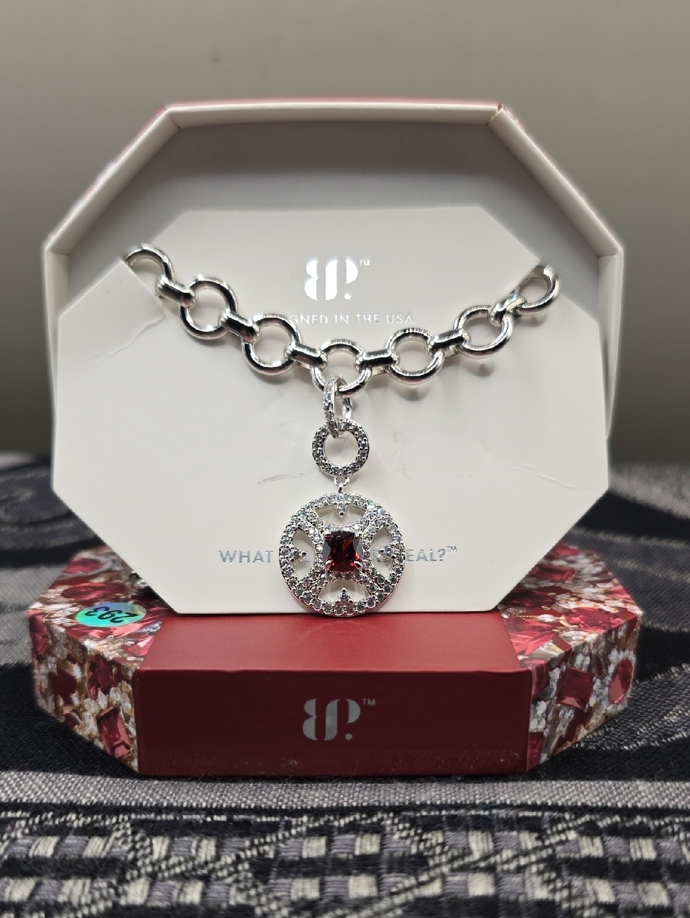 Bomb Party Necklace "Choose To Chine" Garnet Cubic Zirconia Rhodium RBP9568